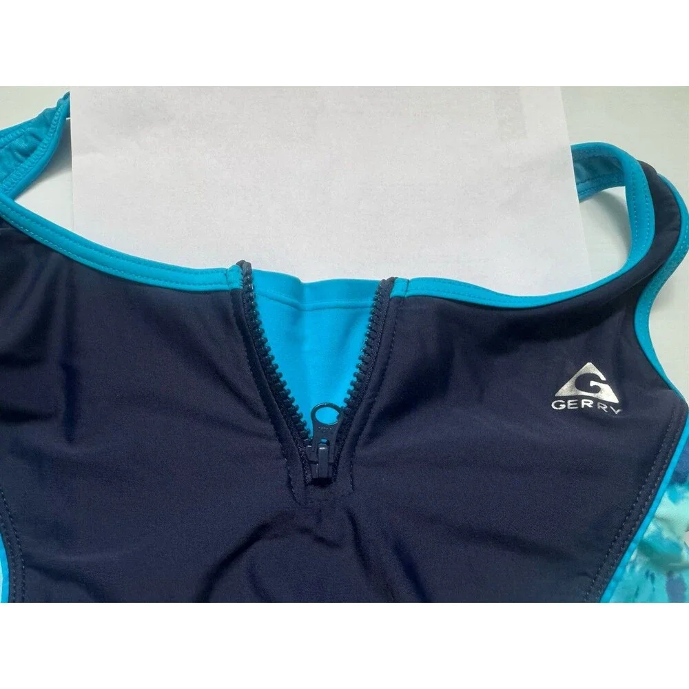 Gerry Girls Size 16 One Piece Swimsuit Navy Blue Turquoise Zip Front